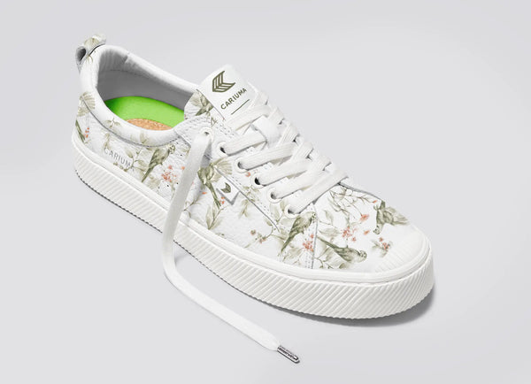 Carma Shoes OCA Low White Pebbled Leather/Khaki Parrot Print