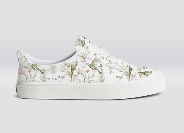 carma shoes OCA Low White Pebbled Leather/Khaki Parrot Print