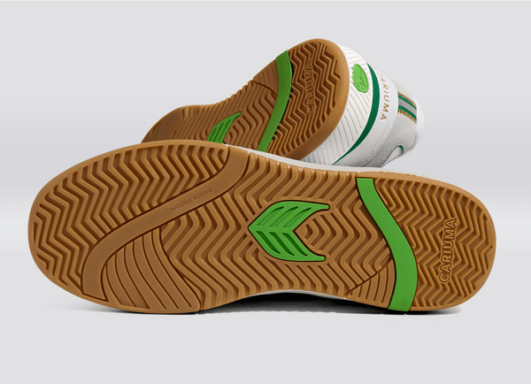 Carma Shoes UBA White Pebbled Leather & Suede/Gum & Green