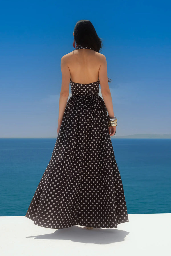 Caroline Constas AYA OPEN BACK COLLARED GOWN BLK WHITE POLKA DOT