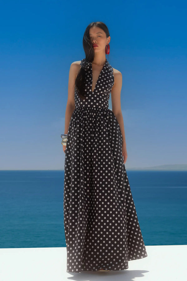 caroline constas AYA OPEN BACK COLLARED GOWN BLK WHITE POLKA DOT