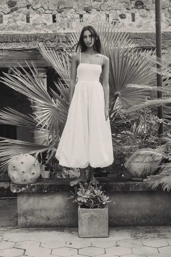Caroline Constas AZANIA SMOCKED BUBBLE HEM MIDI DRESS WHITE