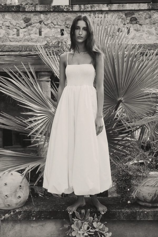 caroline constas AZANIA SMOCKED BUBBLE HEM MIDI DRESS WHITE