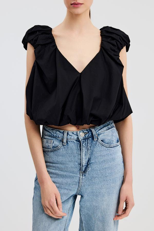 Caroline Constas AERIN V NECK BUBBLE TOP BLACK