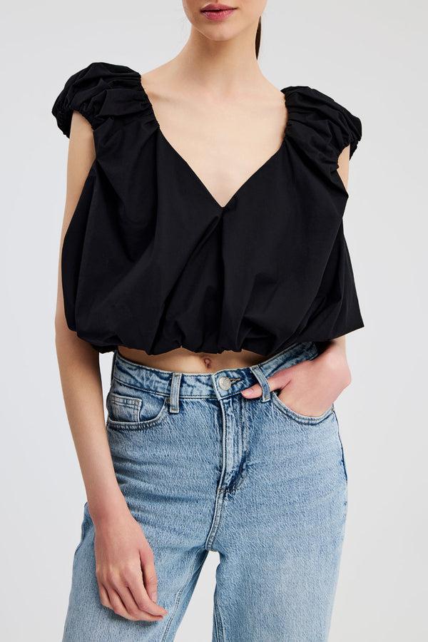 caroline constas AERIN V NECK BUBBLE TOP BLACK