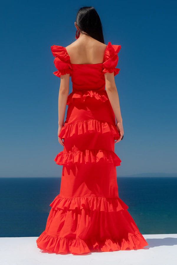 Caroline Constas IVA TIRED RUFFLE GOWN FIERY RED