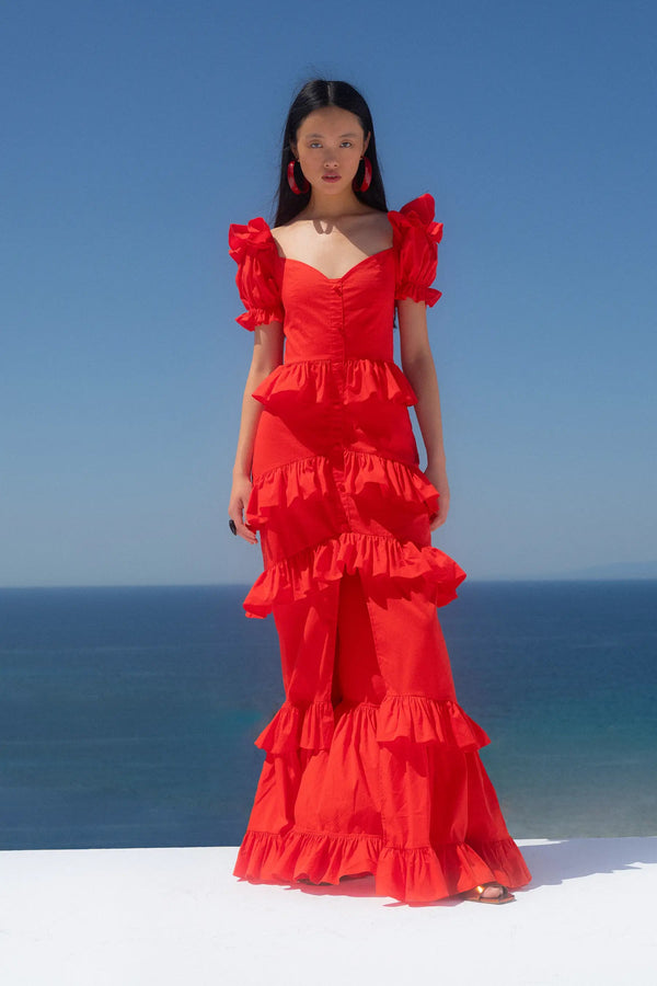 caroline constas IVA TIRED RUFFLE GOWN FIERY RED