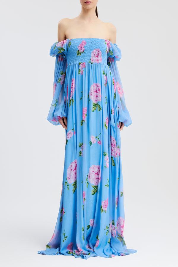 caroline constas KINSLEY GOWN BLUE FLORAL PRINT