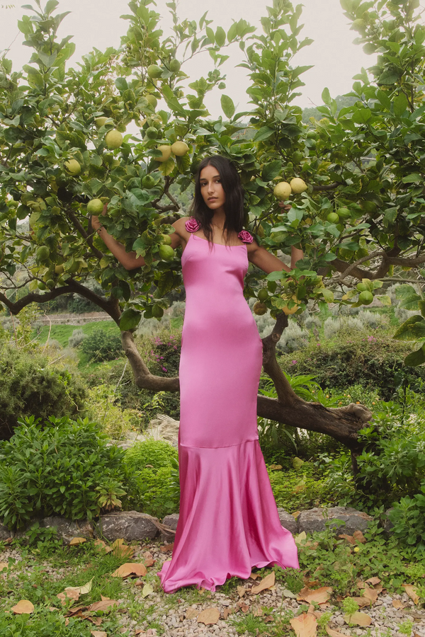 caroline constas MARCELLA GOWN FLAMINGO