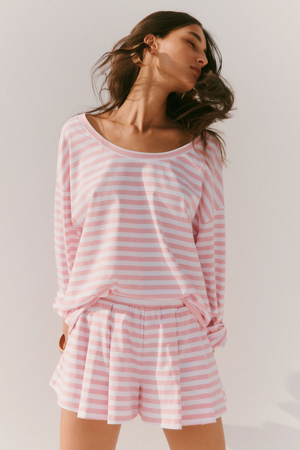 caroline constas PLEATED SHORT PINK PETAL STRIPE