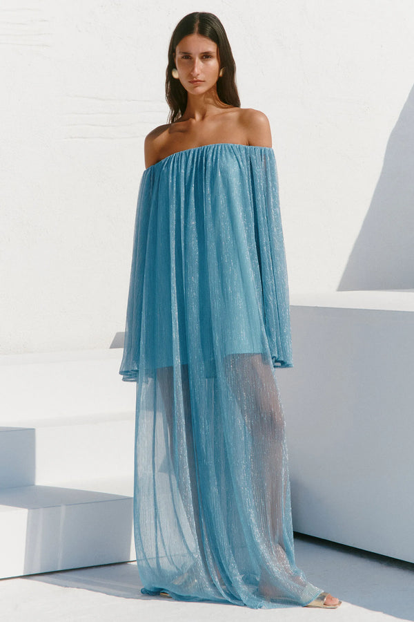 caroline constas CORINTHIA OFF SHOULDER PLEATED GOWN CERULEAN