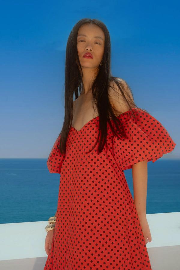 Caroline Constas LUCIA HIGH LOW BUBBLE HEM MIDI DRESS FIERY RED BLK COMBO