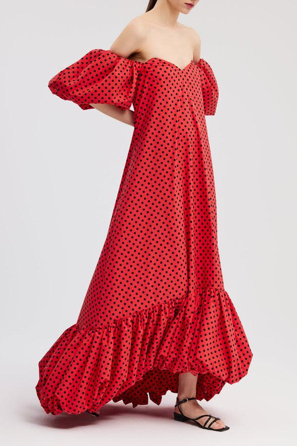 Caroline Constas LUCIA HIGH LOW BUBBLE HEM MIDI DRESS FIERY RED BLK COMBO