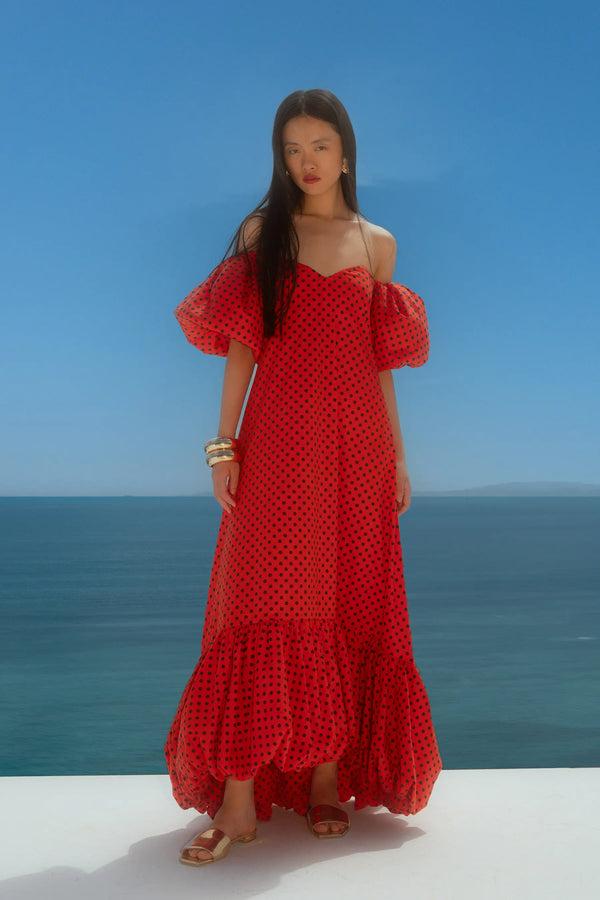 caroline constas LUCIA HIGH LOW BUBBLE HEM MIDI DRESS FIERY RED BLK COMBO