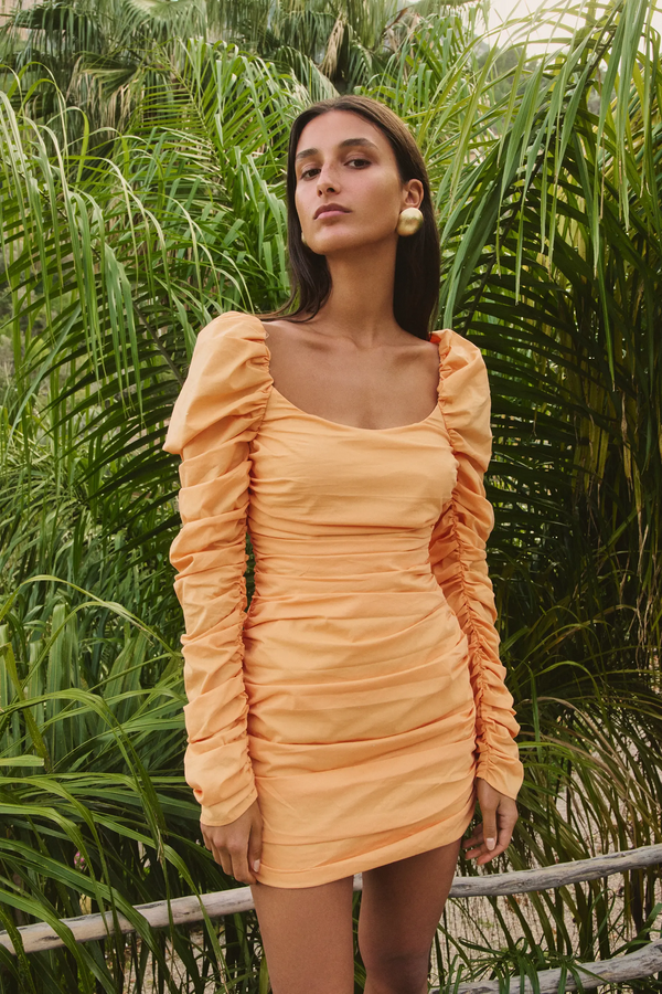 caroline constas MAXINE LONG SLEEVE PUFF MINI DRESS PAPAYA