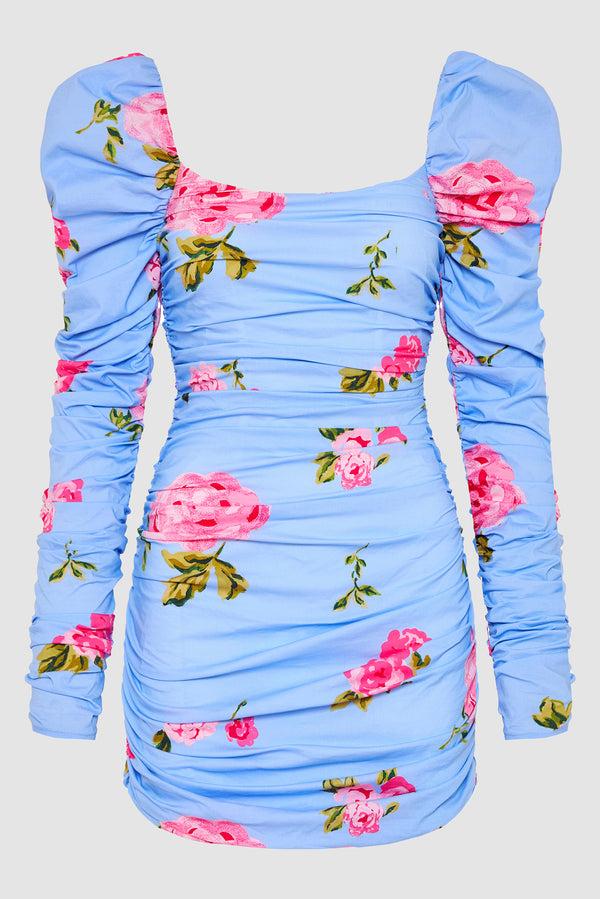 Caroline Constas MAXINE RUCHED PUFF SLEEVE MINI DRESS BLUE FLORAL PRINT