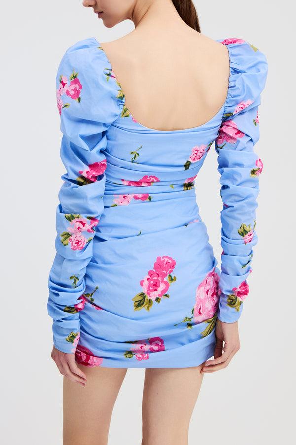 Caroline Constas MAXINE RUCHED PUFF SLEEVE MINI DRESS BLUE FLORAL PRINT