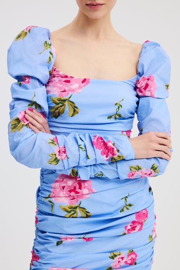 Caroline Constas MAXINE RUCHED PUFF SLEEVE MINI DRESS BLUE FLORAL PRINT