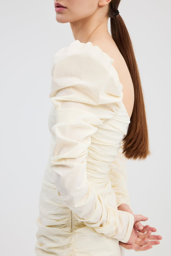 Caroline Constas MAXINE RUCHED PUFF SLEEVE MINI DRESS IVORY