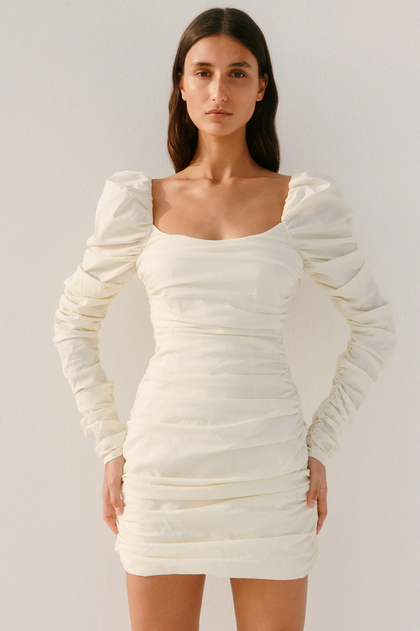 caroline constas MAXINE RUCHED PUFF SLEEVE MINI DRESS IVORY