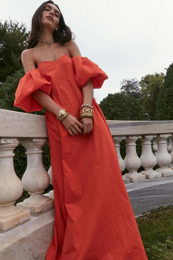 Caroline Constas PALMER OFF SHOULDER MAXI DRESS MADDER RED