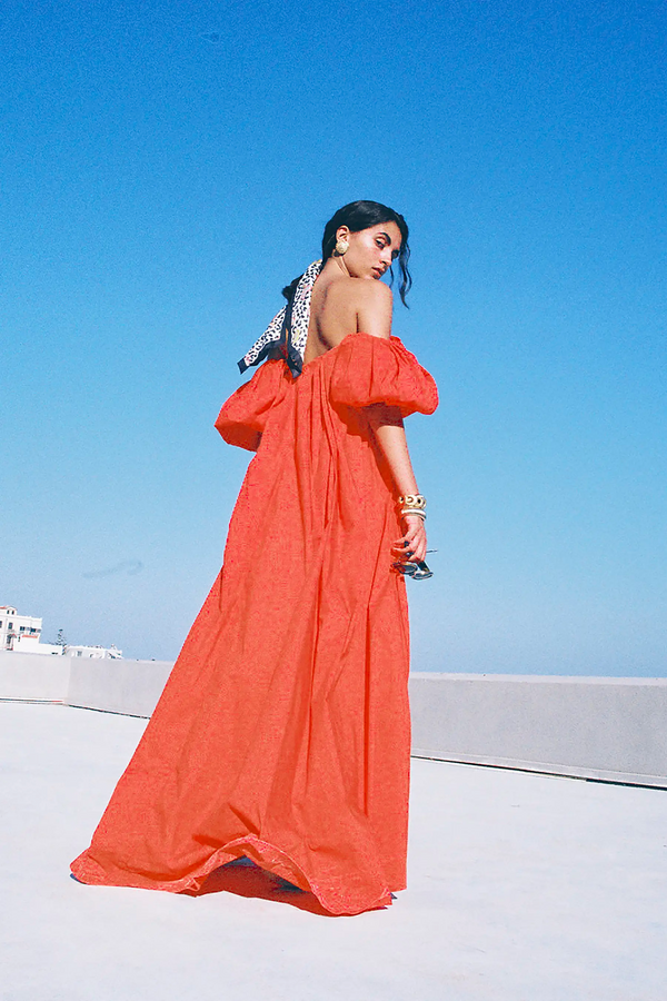 caroline constas PALMER OFF SHOULDER MAXI DRESS MADDER RED