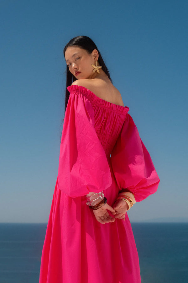 Caroline Constas RAQUELA OFF SHOULDER RUFFLE MAXI DRESS FUSHIA