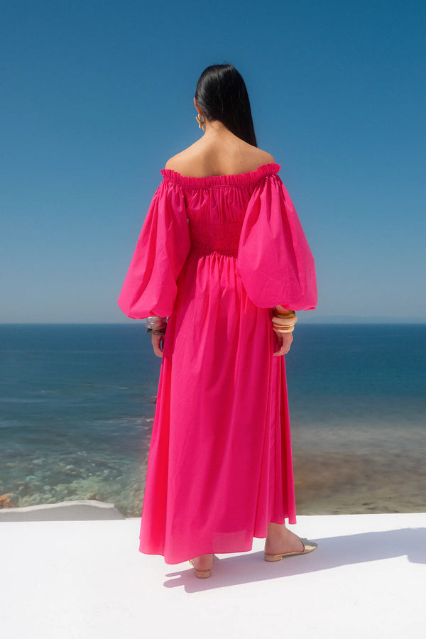 Caroline Constas RAQUELA OFF SHOULDER RUFFLE MAXI DRESS FUSHIA