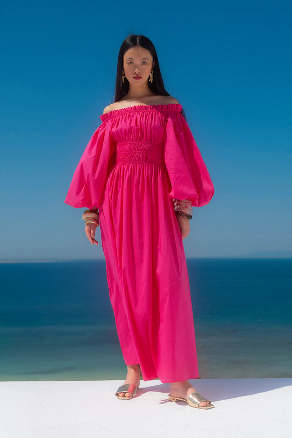 caroline constas RAQUELA OFF SHOULDER RUFFLE MAXI DRESS FUSHIA