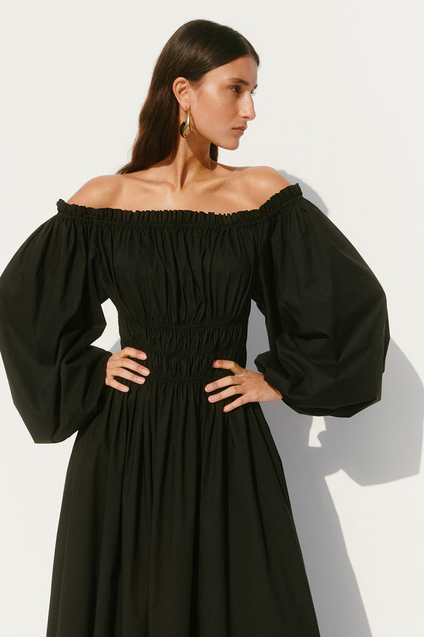caroline constas RAQUELA OFF THE SHOULDER RUFFLE MAXI DRESS BLACK
