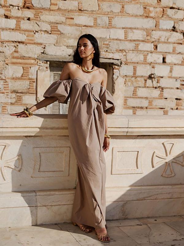 Caroline Constas REYNA TIE FRONT COLUMN DRESS Chocolate