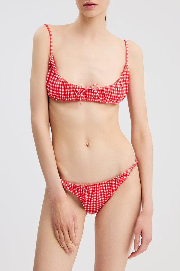 caroline constas STACIA RUCHED BIKINI BOTTOM RED IVORY GINGHAM