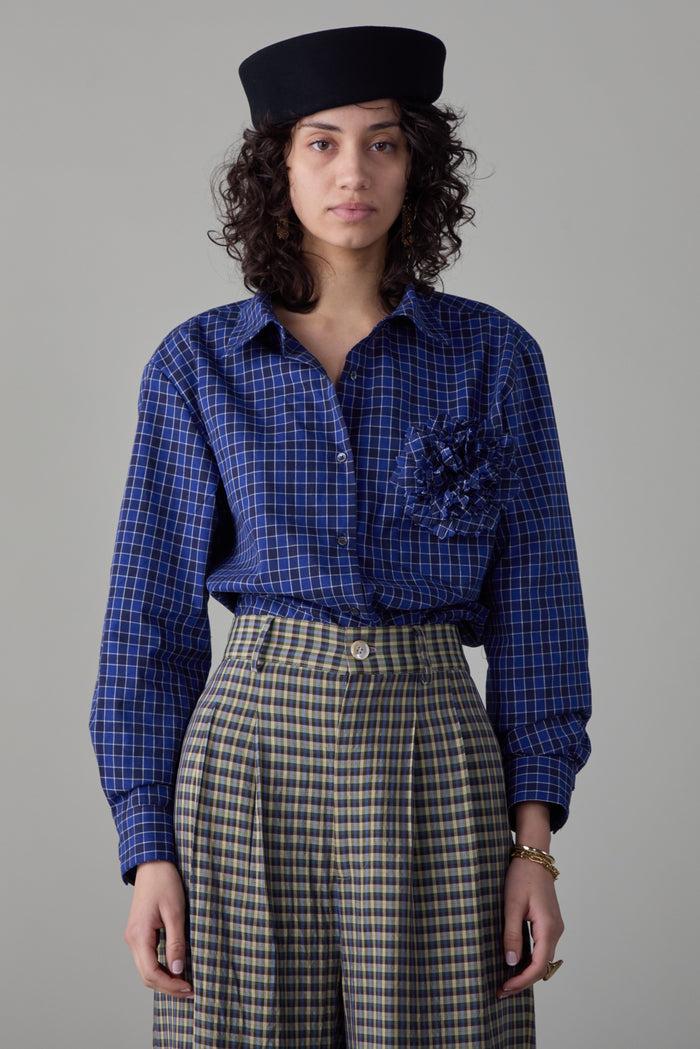 Caron Callahan ALICE SHIRT WITH ROSETTE Blue Box Plaid