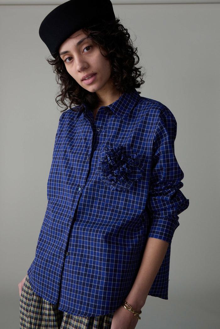 Caron Callahan ALICE SHIRT WITH ROSETTE Blue Box Plaid