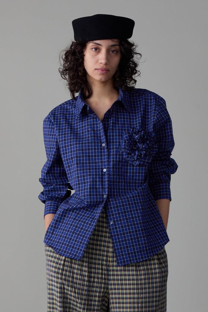 caron callahan ALICE SHIRT WITH ROSETTE Blue Box Plaid