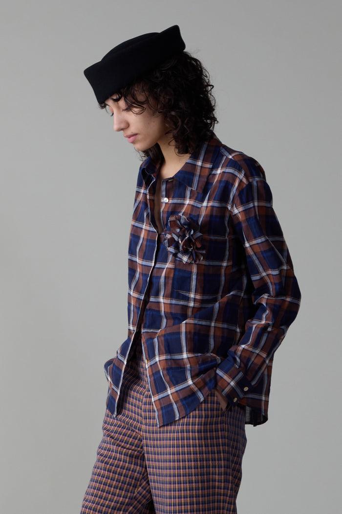 Caron Callahan ALICE SHIRT WITH ROSETTE Blue & Peach Plaid