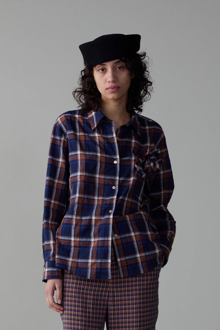 caron callahan ALICE SHIRT WITH ROSETTE Blue & Peach Plaid