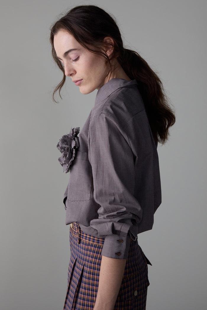 Caron Callahan ALICE SHIRT WITH ROSETTE Chocolate Micro Plaid