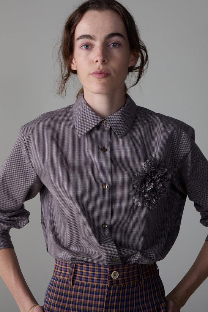 caron callahan ALICE SHIRT WITH ROSETTE Chocolate Micro Plaid