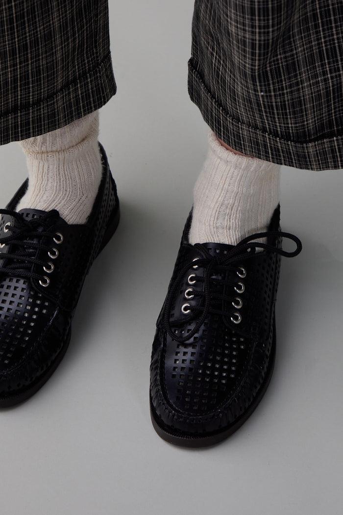 Caron Callahan BAXTER BOAT SHOE Perforated Shiny Black Leather