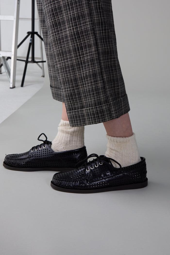 Caron Callahan BAXTER BOAT SHOE Perforated Shiny Black Leather