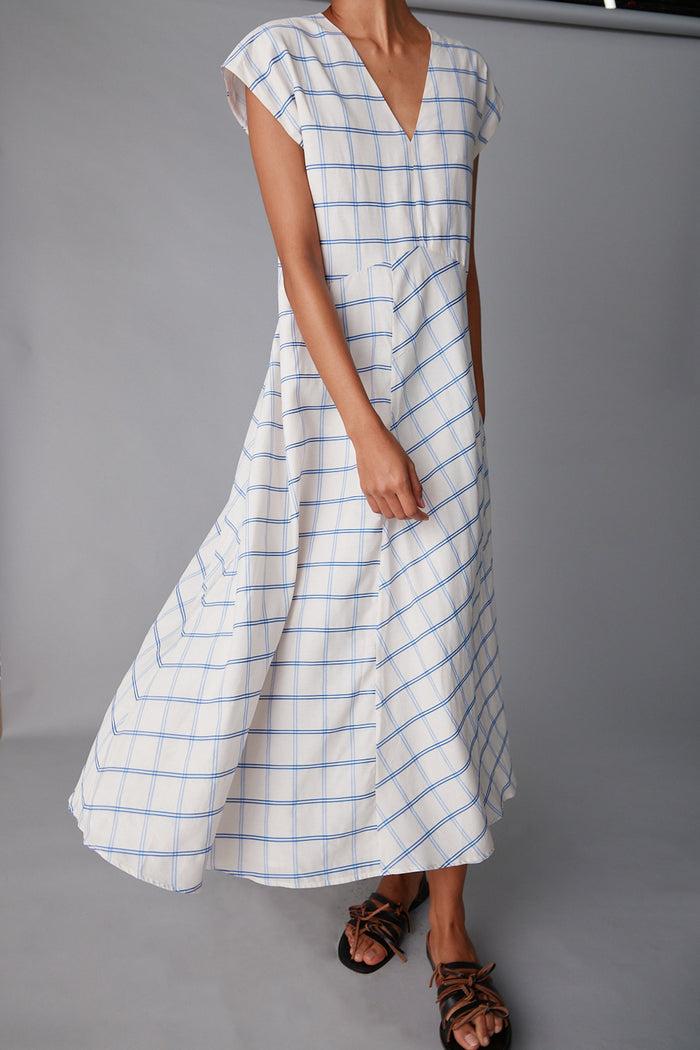 Caron Callahan ENZO DRESS Cream & Blue Windowpane