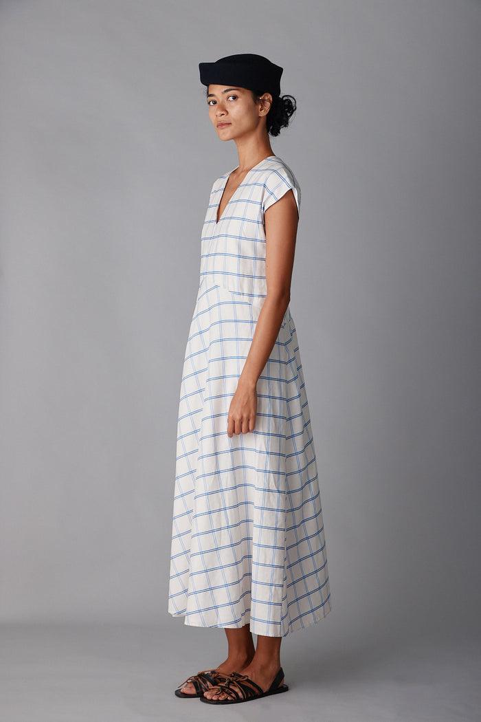 Caron Callahan ENZO DRESS Cream & Blue Windowpane