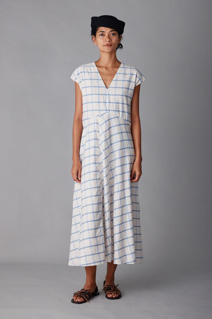caron callahan ENZO DRESS Cream & Blue Windowpane
