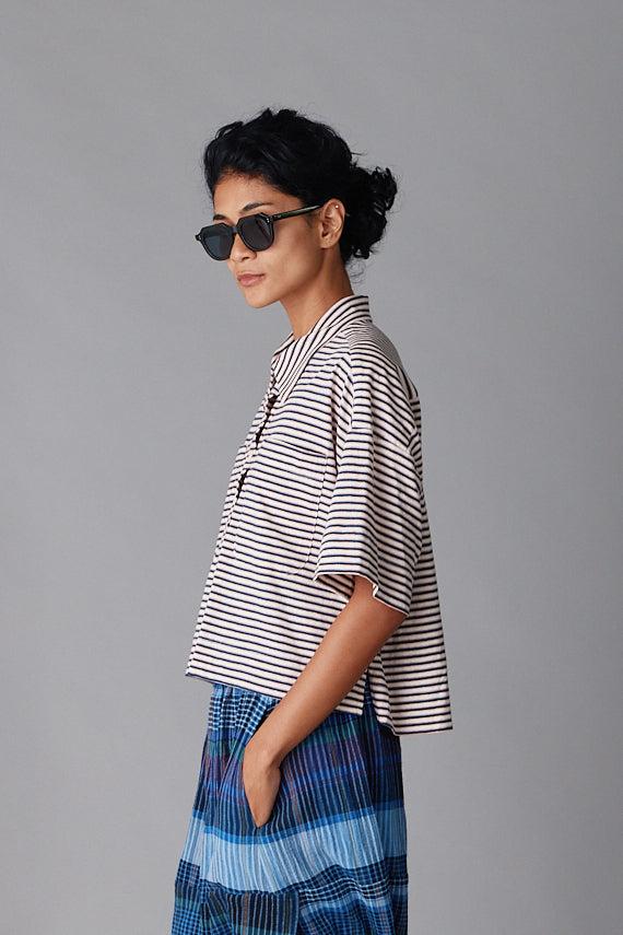 Caron Callahan ISSA TOP Blue Fine Jersey Stripe