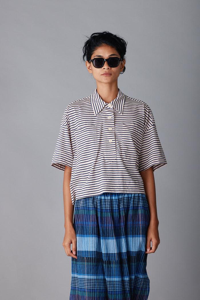 caron callahan ISSA TOP Blue Fine Jersey Stripe