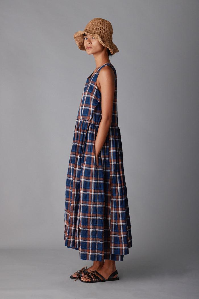 Caron Callahan SYLVIA DRESS Navy & Peach Plaid
