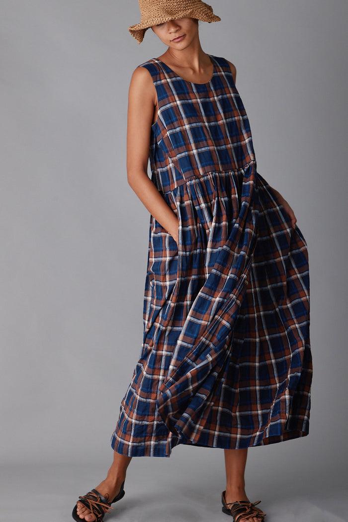 Caron Callahan SYLVIA DRESS Navy & Peach Plaid