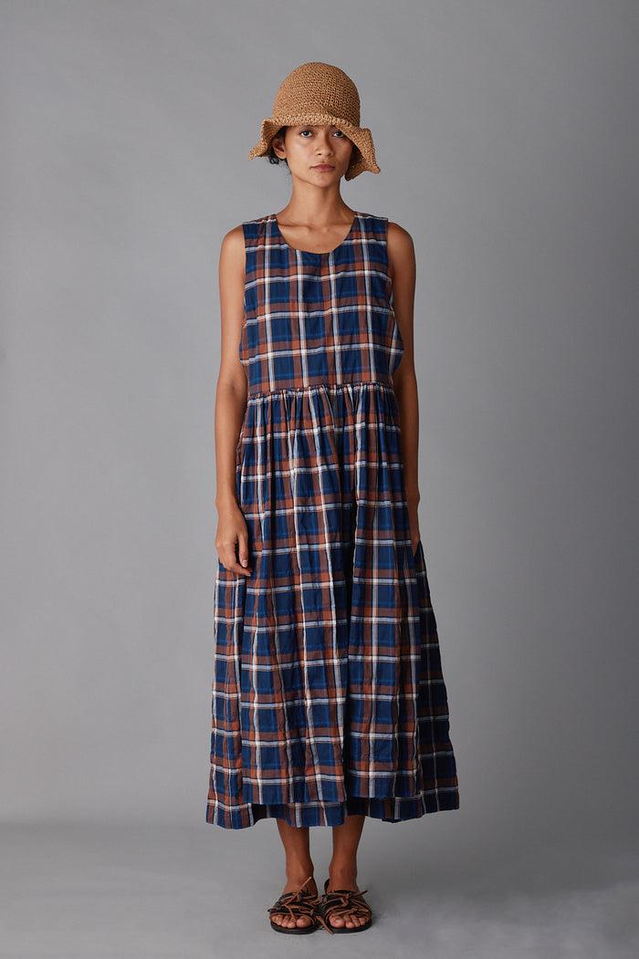 caron callahan SYLVIA DRESS Navy & Peach Plaid