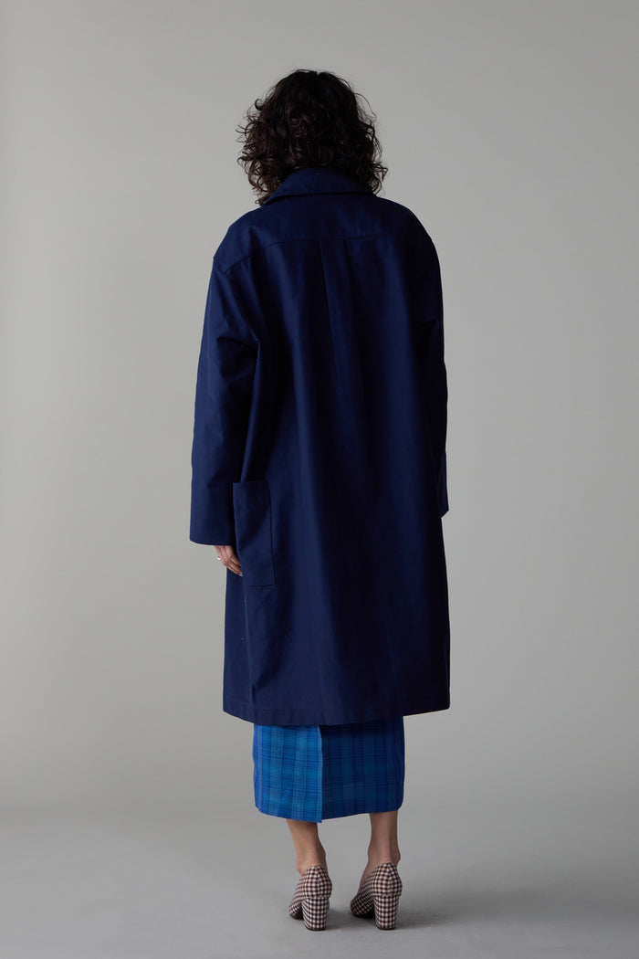 Caron Callahan TRAVIS TRENCH Navy Satin Twill